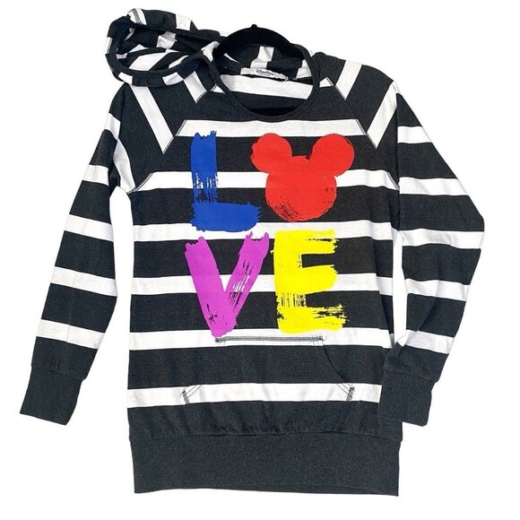 Disney Parks Mickey Mouse LOVE Lightweight Stripped Long Sleeve Hoodie Size XS - Picture 1 of 7